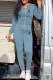 Blue Gray Casual Print Letter Hooded Collar Long Sleeve Two Pieces