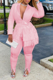 Pink Street Solid Tassel Turndown Collar Long Sleeve Two Pieces