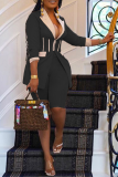 Blue Casual Solid Patchwork Turndown Collar Long Sleeve Two Pieces