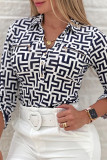 Black Casual Print Patchwork Turndown Collar Tops