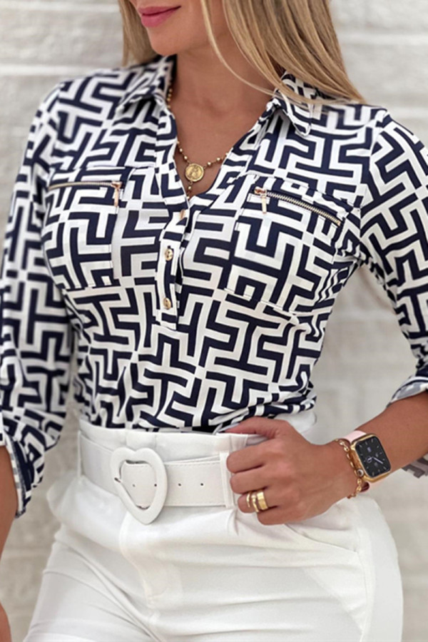 Black Casual Print Patchwork Turndown Collar Tops