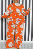 Orange Casual Print Patchwork V Neck Plus Size Jumpsuits