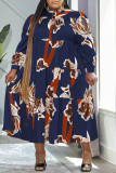 Coffee Casual Print Patchwork O Neck Long Sleeve Plus Size Dresses
