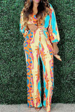 Colour Casual Print Patchwork V Neck Regular Jumpsuits