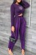 Purple Casual Print Tassel Letter O Neck Long Sleeve Two Pieces