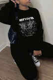Black Casual Print Patchwork O Neck Long Sleeve Two Pieces