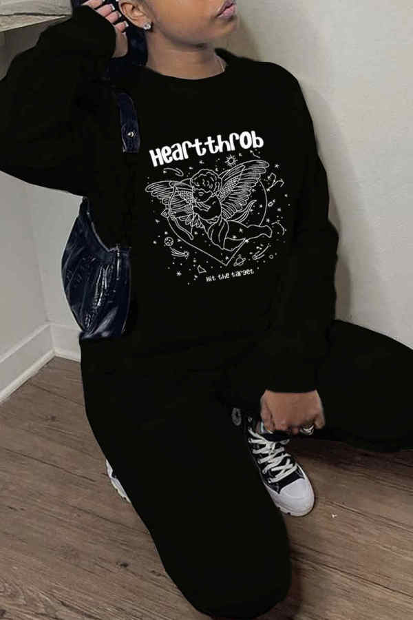 Black Casual Print Patchwork O Neck Long Sleeve Two Pieces