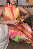 Red Sexy Patchwork Tie-dye Halter Pencil Skirt Dresses