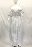 White Casual Solid Patchwork Slit Fold Off the Shoulder Straight Dresses(Without Belt)