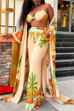 Multicolor Sexy Casual Print Cardigan Vests Pants Long Sleeve Three-piece Set