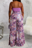 Coffee Sexy Print Patchwork Strapless Sleeveless Two Pieces
