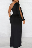Fuchsia Sexy Casual Solid Backless Slit Oblique Collar Long Sleeve Dresses