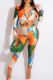 Orange Blue Street Print Patchwork Turndown Collar Long Sleeve Two Pieces