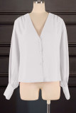 White Casual Solid Patchwork Buckle V Neck Tops