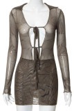 Khaki Sexy Print Hollowed Out Patchwork Frenulum See-through Asymmetrical Collar Pencil Skirt Dresses
