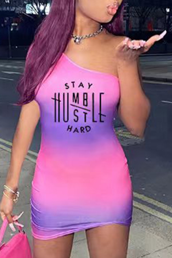 Purple Sexy Print Patchwork One Shoulder Pencil Skirt Dresses