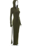 Army Green Casual Solid Patchwork Slit Zipper Hooded Collar One Step Skirt Dresses