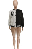 Black And White Casual Print Patchwork Buckle Outerwear