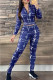 Dark Blue Elegant Print Letter Zipper Collar Long Sleeve Two Pieces