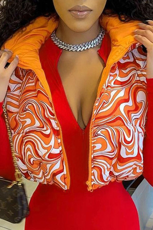 Orange Casual Print Patchwork Zipper Zipper Collar Outerwear