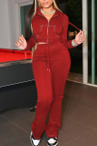 Red Casual Street Sportswear Solid Patchwork Zipper Hooded Collar Long Sleeve Two Pieces