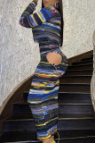 Colour Sexy Striped Print Hollowed Out Patchwork Half A Turtleneck One Step Skirt Dresses