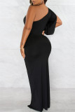 Fuchsia Sexy Casual Solid Backless Slit Oblique Collar Long Sleeve Dresses