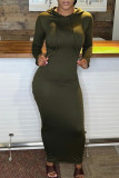 Army Green Casual Solid Patchwork Slit Zipper Hooded Collar One Step Skirt Dresses