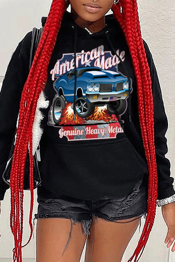 Black Casual Print Patchwork Basic Hooded Collar Tops