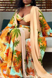 Multicolor Sexy Casual Print Cardigan Vests Pants Long Sleeve Three-piece Set