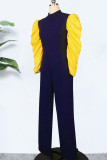 Blue Casual Elegant Solid Patchwork Fold Half A Turtleneck Straight Jumpsuits