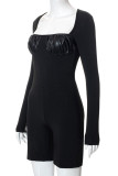Black Sexy Street Solid Patchwork Square Collar Skinny Rompers