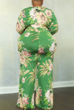 Lake Green Casual Print Patchwork V Neck Plus Size Jumpsuits