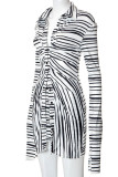 Black Sexy Striped Print Patchwork Buckle Turndown Collar Long Sleeve Two Pieces