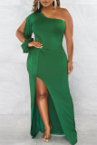 Fuchsia Sexy Casual Solid Backless Slit Oblique Collar Long Sleeve Dresses