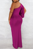 Fuchsia Sexy Casual Solid Backless Slit Oblique Collar Long Sleeve Dresses