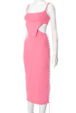 Pink Sexy Solid Patchwork Backless Spaghetti Strap Pencil Skirt Dresses