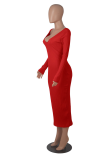 Red Casual Solid Patchwork V Neck Pencil Skirt Dresses