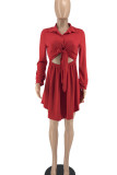 Red Sexy Solid Bandage Hollowed Out Patchwork Buckle Turndown Collar A Line Dresses