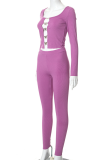 Purple Sexy Solid Hollowed Out Square Collar Long Sleeve Two Pieces