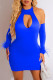 Blue Sexy Solid Hollowed Out Backless Halter Long Sleeve Dresses (With Sleeves)