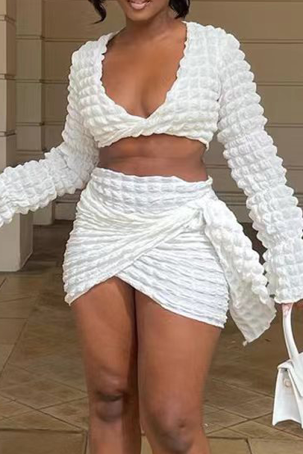 White Street Solid Patchwork V Neck Long Sleeve Two Pieces
