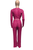 Fuchsia Sexy Solid Patchwork Fold V Neck Long Sleeve Two Pieces