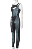 Black Sexy Print Hollowed Out O Neck Sleeveless Two Pieces