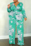 Coffee Casual Print Patchwork V Neck Plus Size Jumpsuits