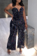 Black Sexy Patchwork Sequins Strapless Boot Cut Jumpsuits