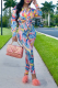 Blue Pink Street Print Patchwork Turndown Collar Long Sleeve Two Pieces