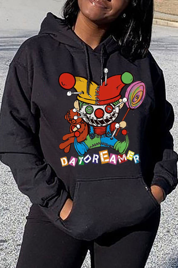 Black Casual Print Patchwork Basic Hooded Collar Tops