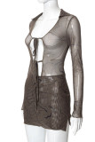 Khaki Sexy Print Hollowed Out Patchwork Frenulum See-through Asymmetrical Collar Pencil Skirt Dresses