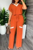Red Casual Solid Patchwork V Neck Short Sleeve Two Pieces